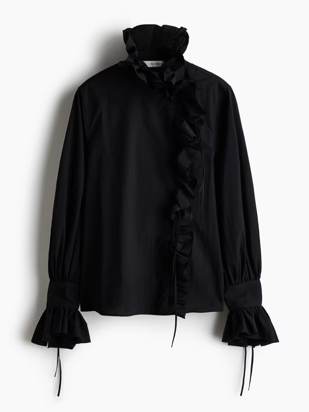 H&M NWOT Cotton Black Ruffle-Trim High Neck Blouse